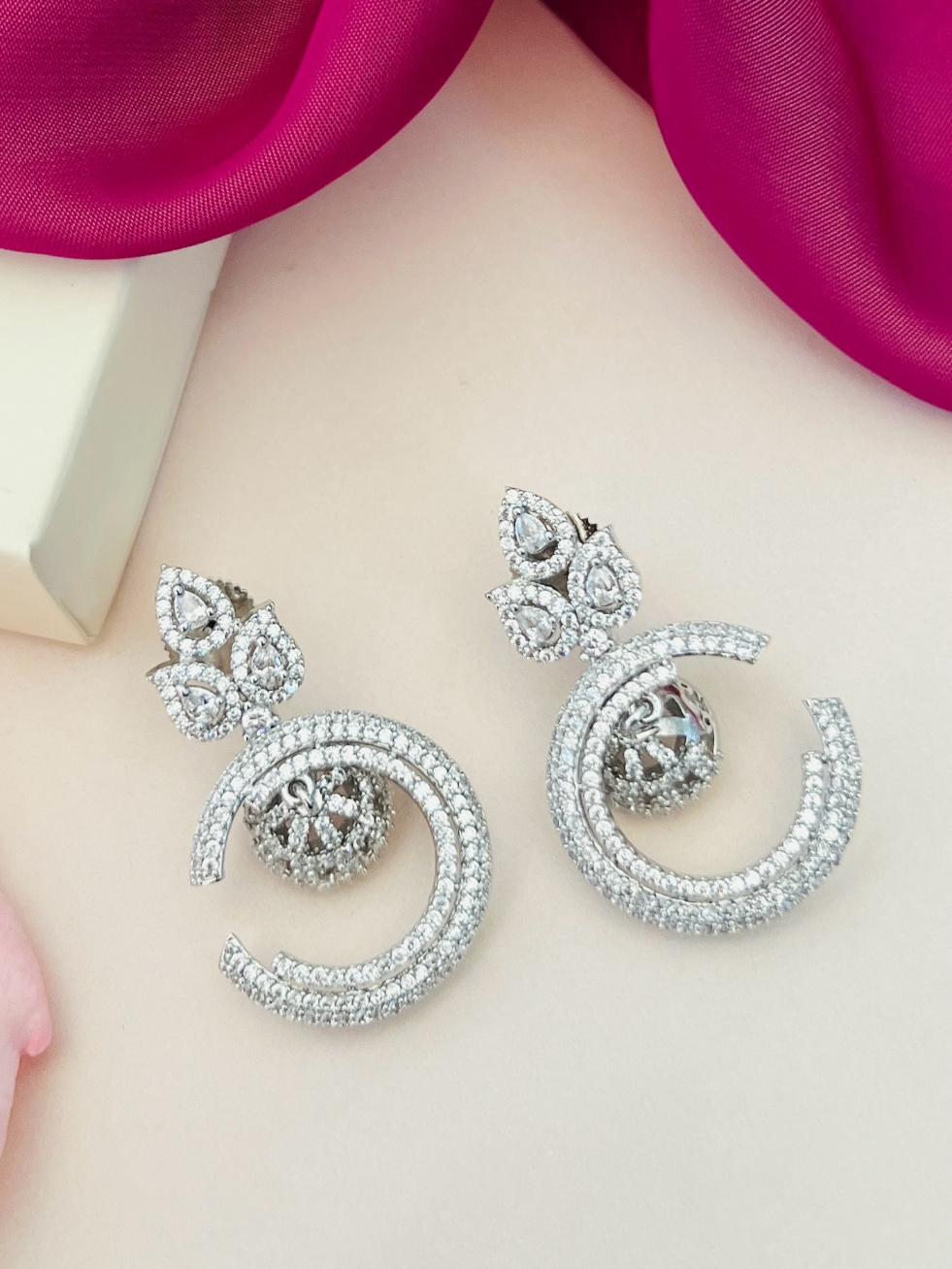 Stunning American Diamond Silver Plated Earring with intricate circular design and sparkling stones