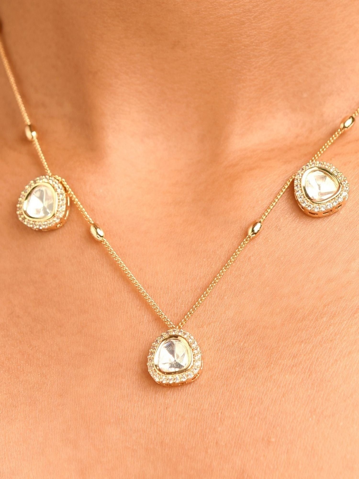 Stunning Gold Plated Uncut Polki Pendant Chain by Abdesignsjewellery with three teardrop-shaped pendants