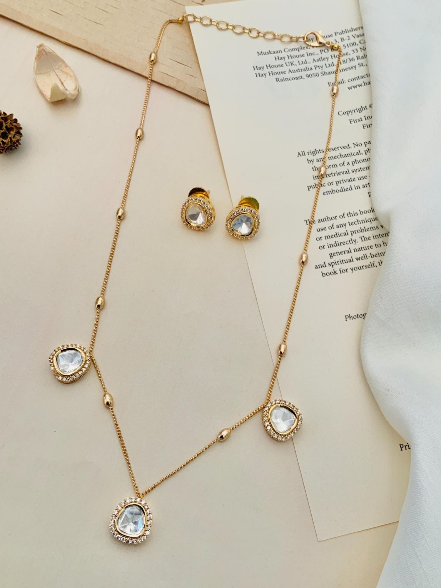 Stunning Gold Plated Uncut Polki Pendant Chain by Abdesignsjewellery featuring clear stones and matching earrings