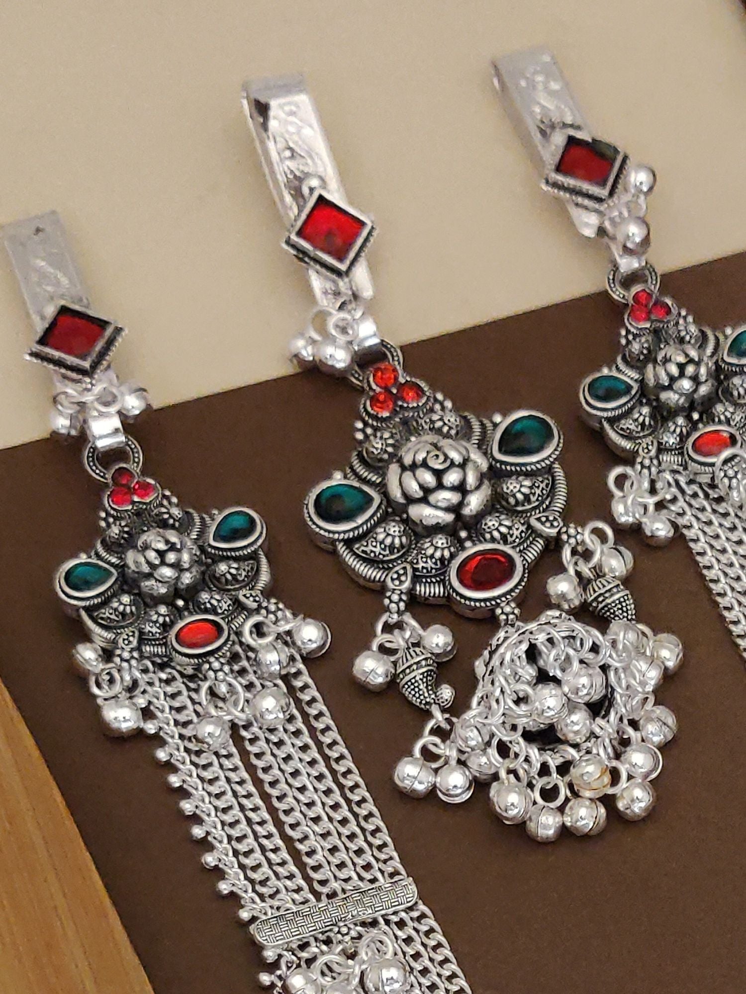 Stylish German silver Juda pin combo with intricate floral design and colorful stones