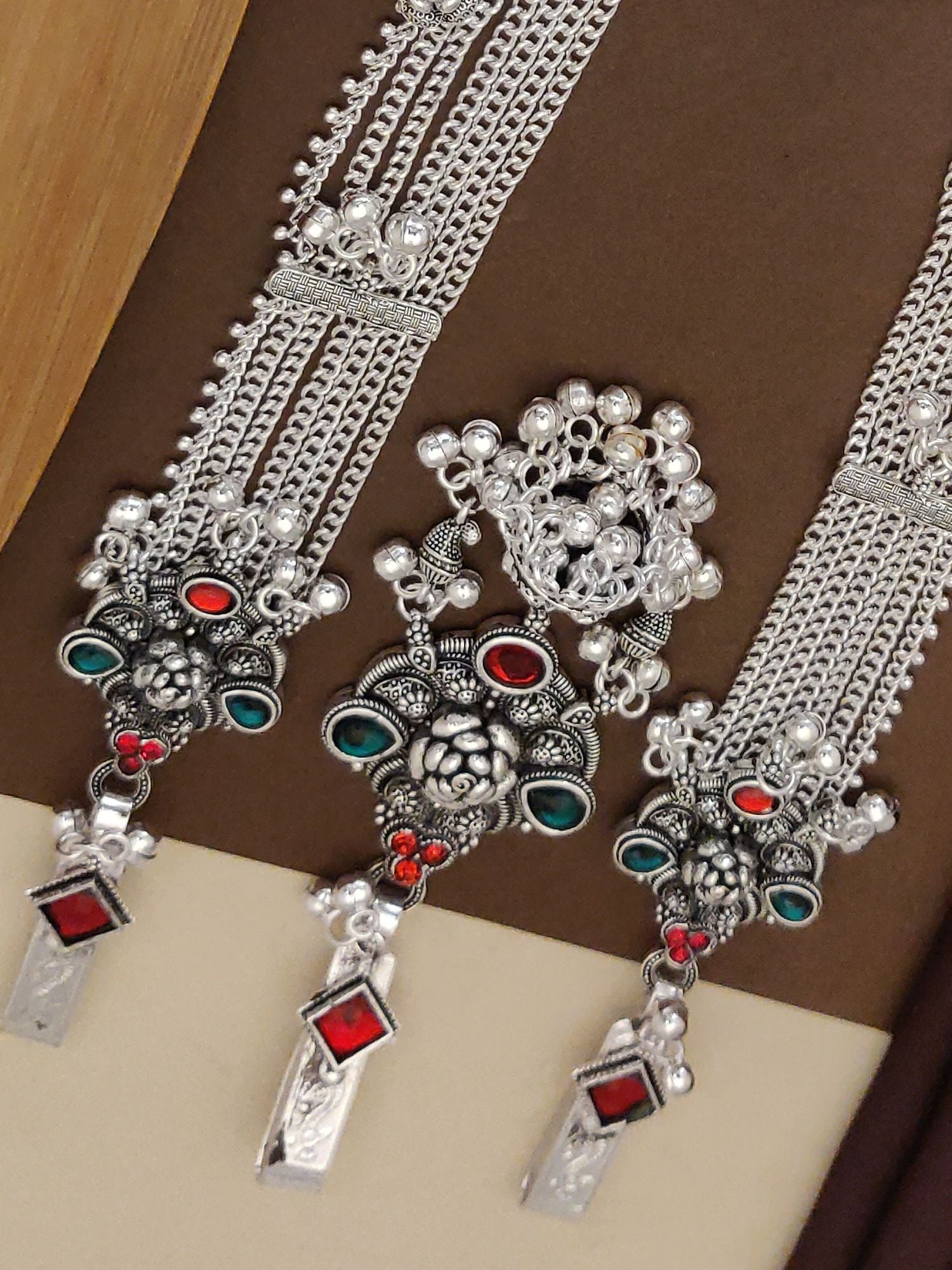 Stylish German silver Juda pin combo featuring intricate floral design and colorful gemstones