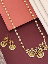 Thumbnail for Temple Pendant Necklace Set in gold featuring intricate designs and matching earrings with pearls