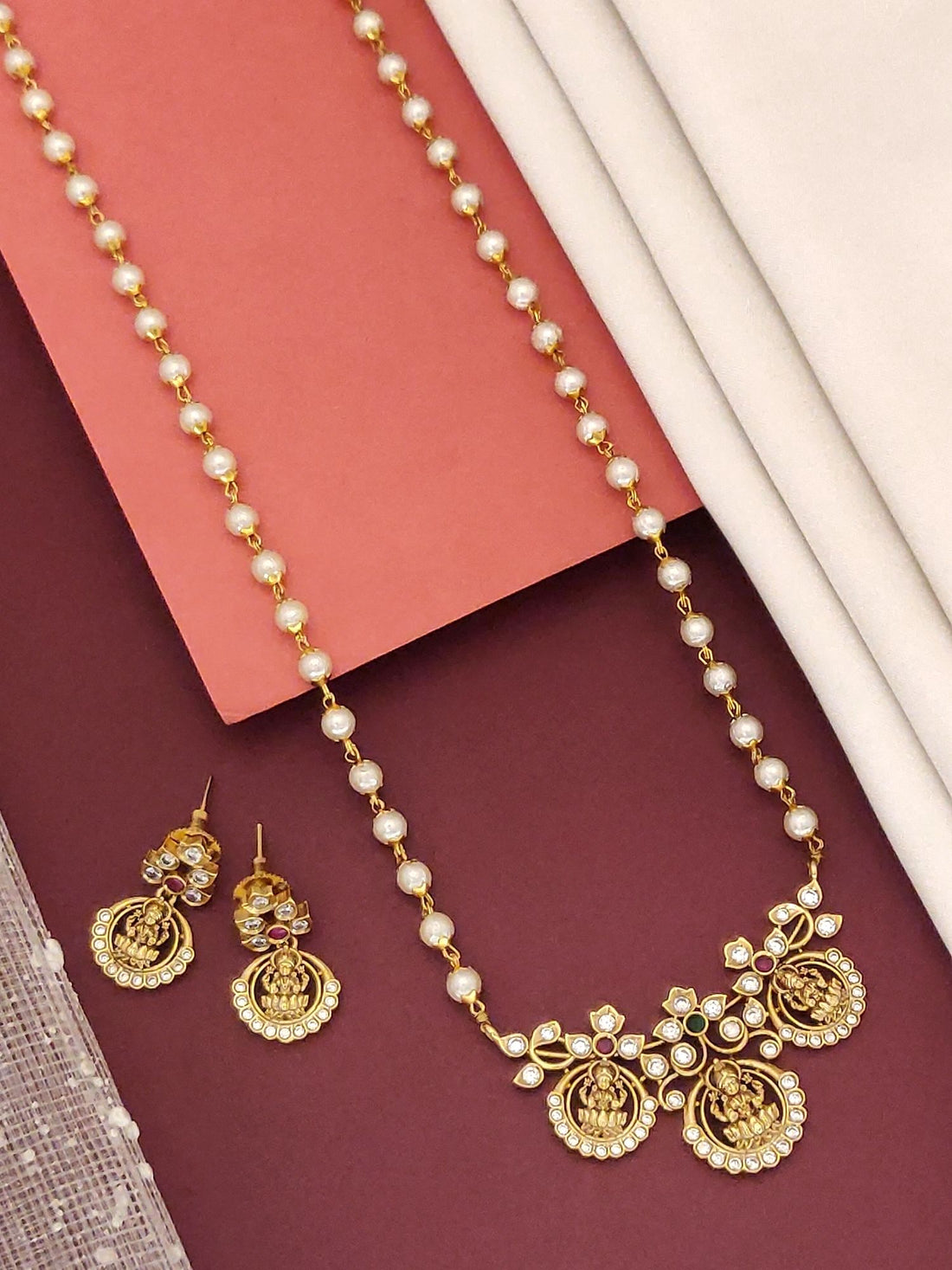 Temple Pendant Necklace Set with Pearl Accents and Matching Earrings in Gold Finish