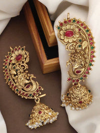 Thumbnail for Traditional gold plated ear cuffs with intricate peacock design and colorful gemstones