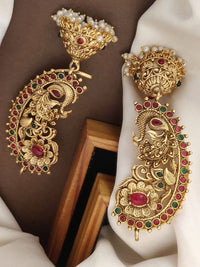 Thumbnail for Traditional gold plated ear cuffs intricately designed with peacock motifs and colorful gemstones