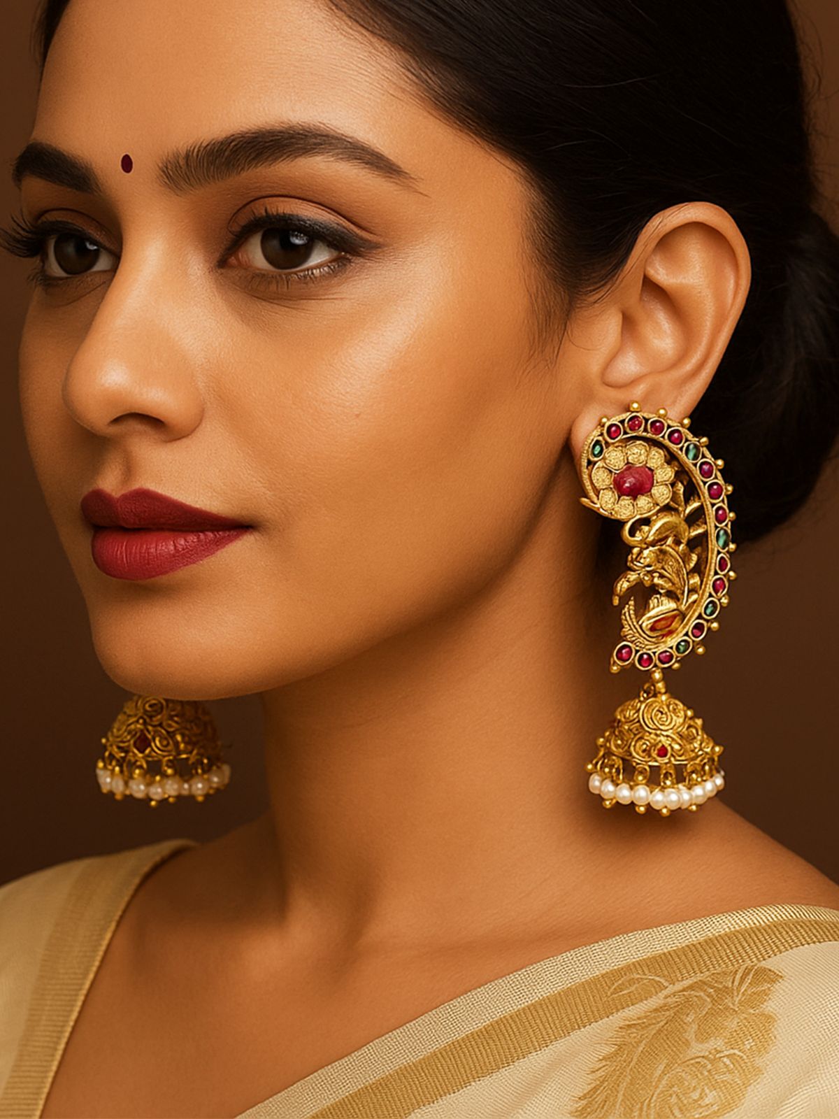 Abdesignsjewellery model wearing traditional gold plated ear cuffs with red stones and jhumka pearls