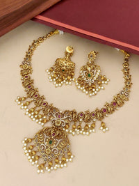 Thumbnail for Traditional gold plated necklace set adorned with intricate design and matching earrings