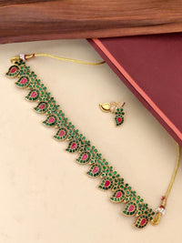 Thumbnail for Traditional Kemp stone jewelry necklace with intricate green and red designs, perfect for festive wear