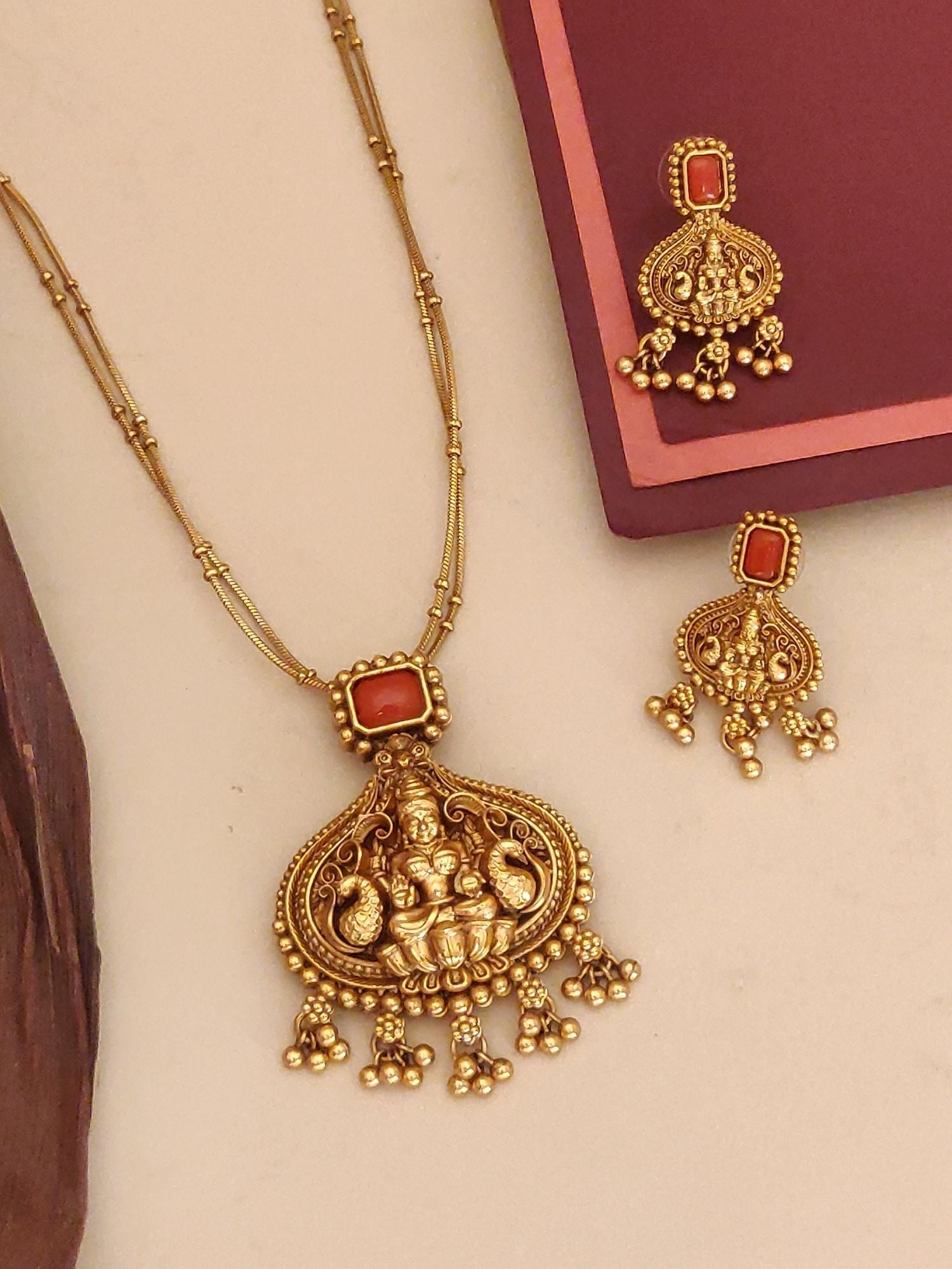 Abdesignsjewellery gold temple style traditional pendant chain necklace with red stone center and matching earrings