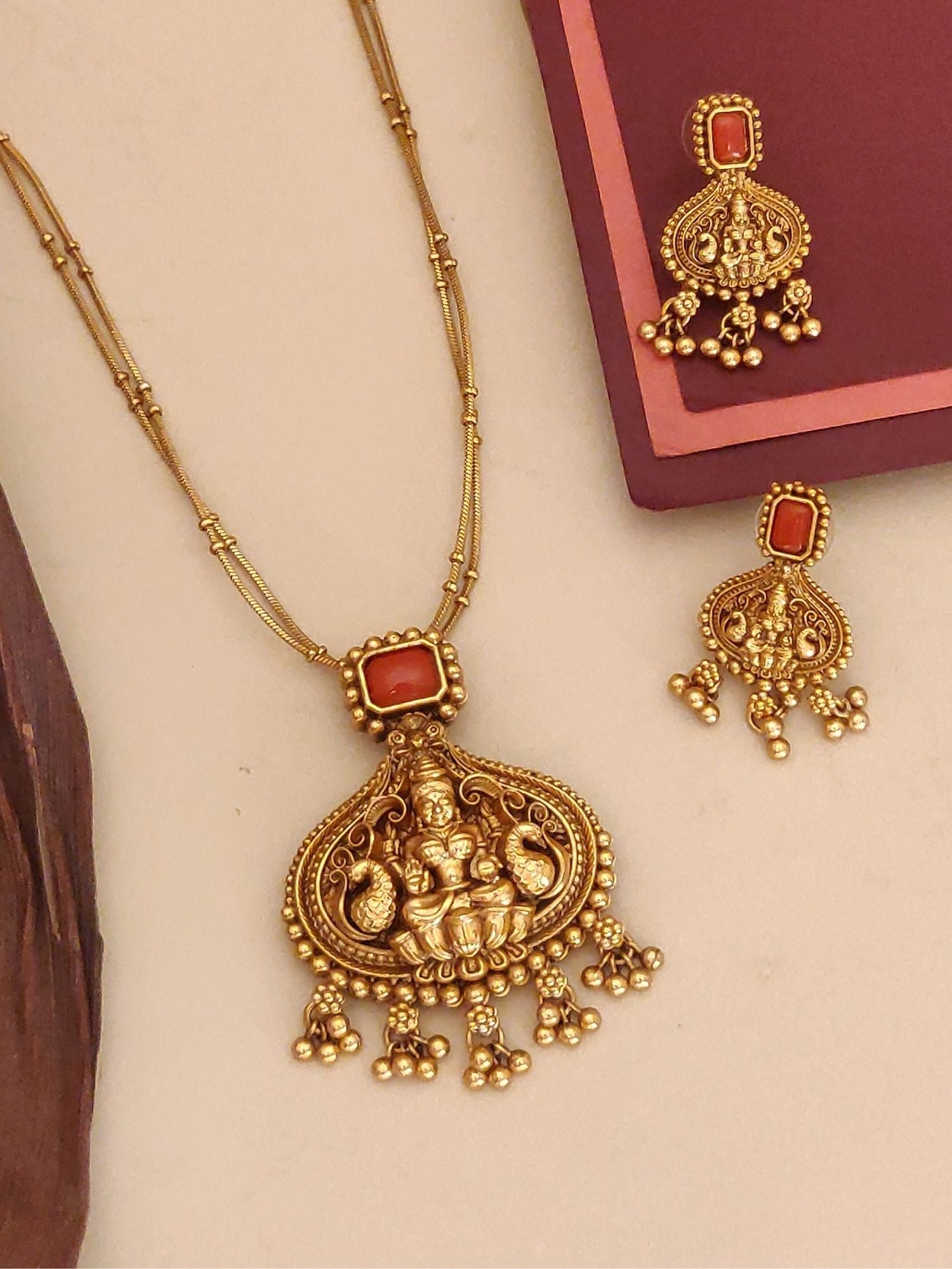 Abdesignsjewellery gold temple style traditional pendant chain necklace with red stone and matching jhumka earrings