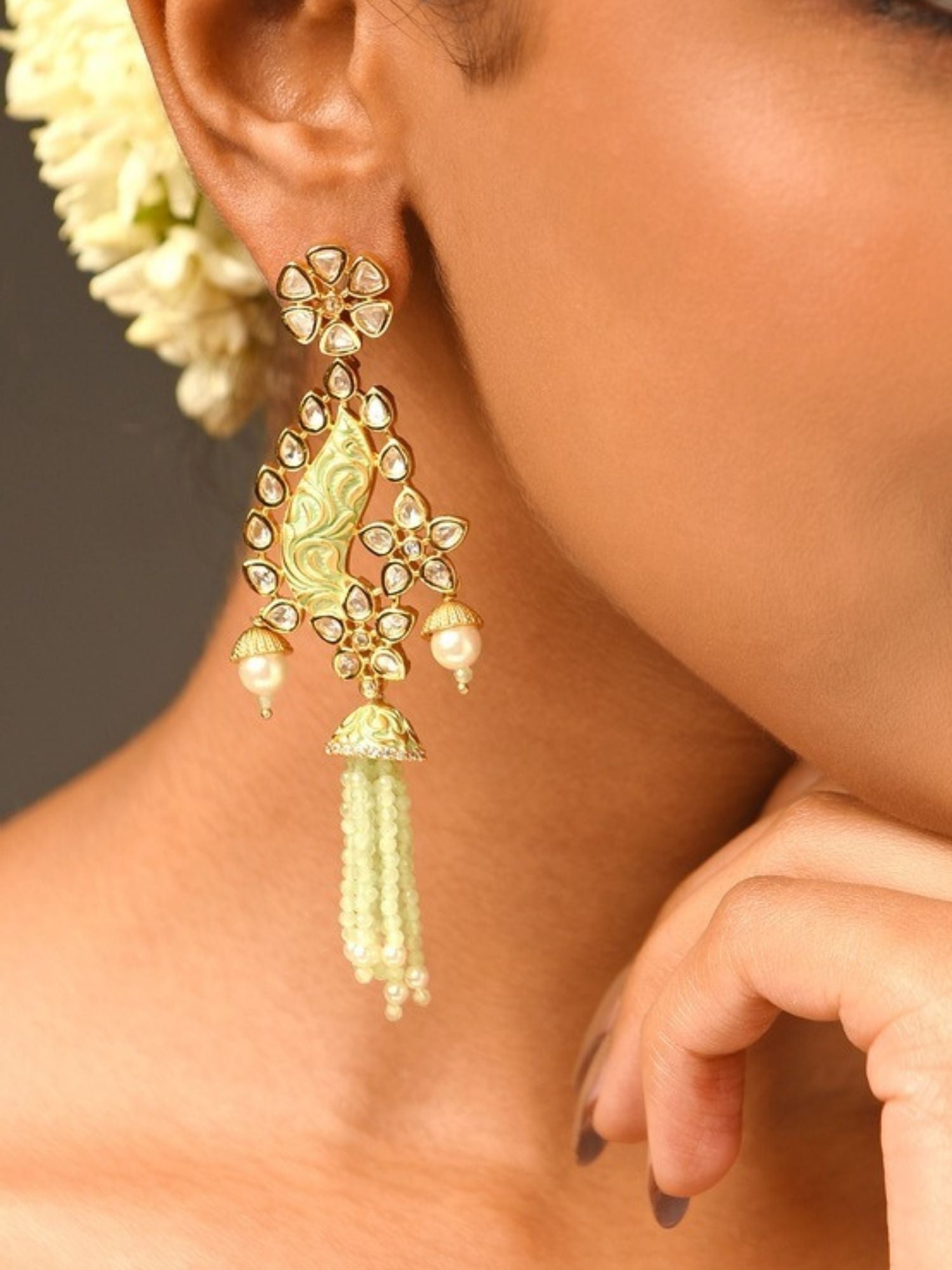 Abdesignsjewellery Traditonal bridal Kundan earrings gold floral teardrop with pale green enamel pearl drops and beaded tassel