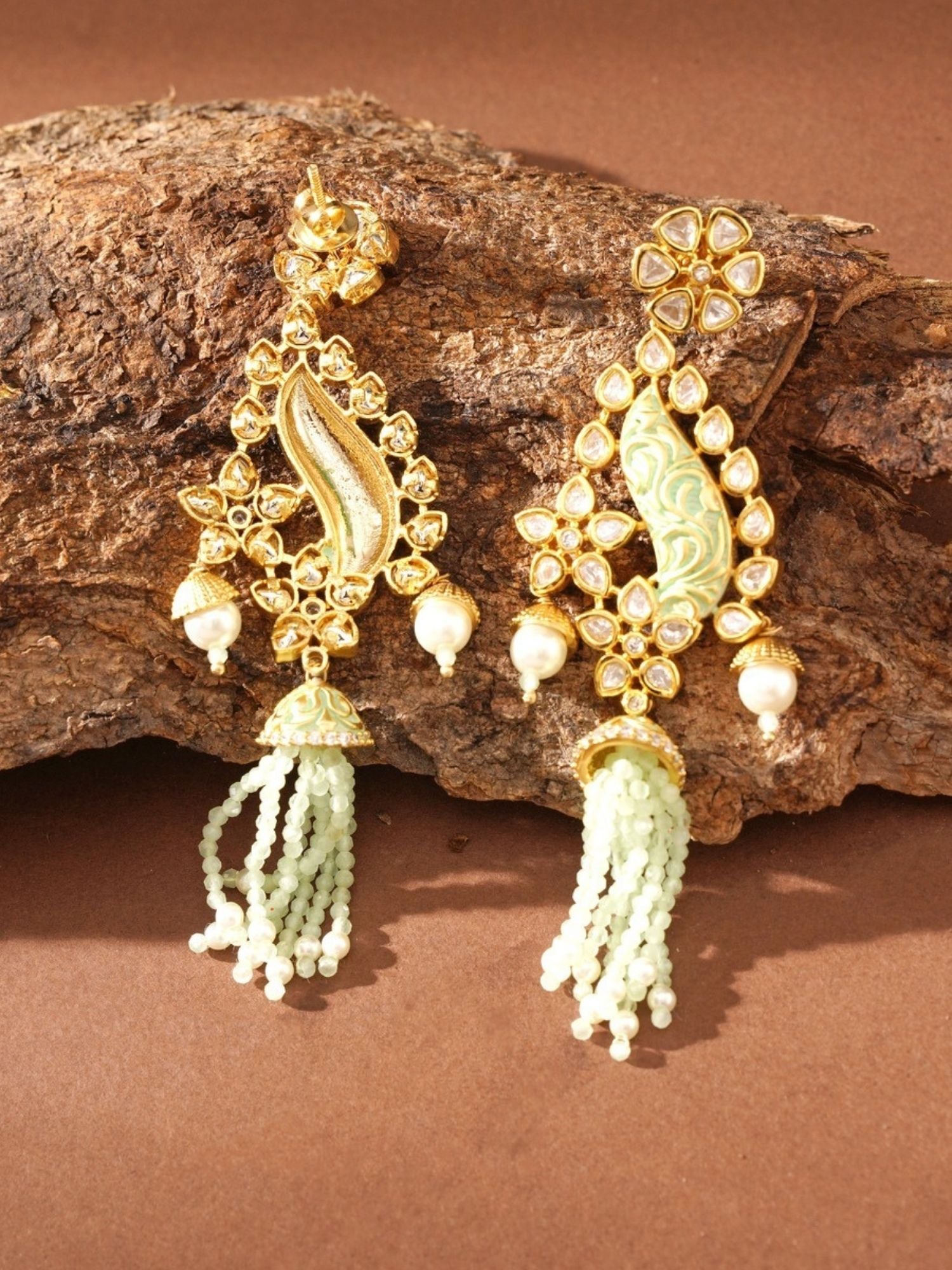 Abdesignsjewellery gold paisley enamel earrings with pearl drops green bead tassels Traditonal bridal Kundan earrings