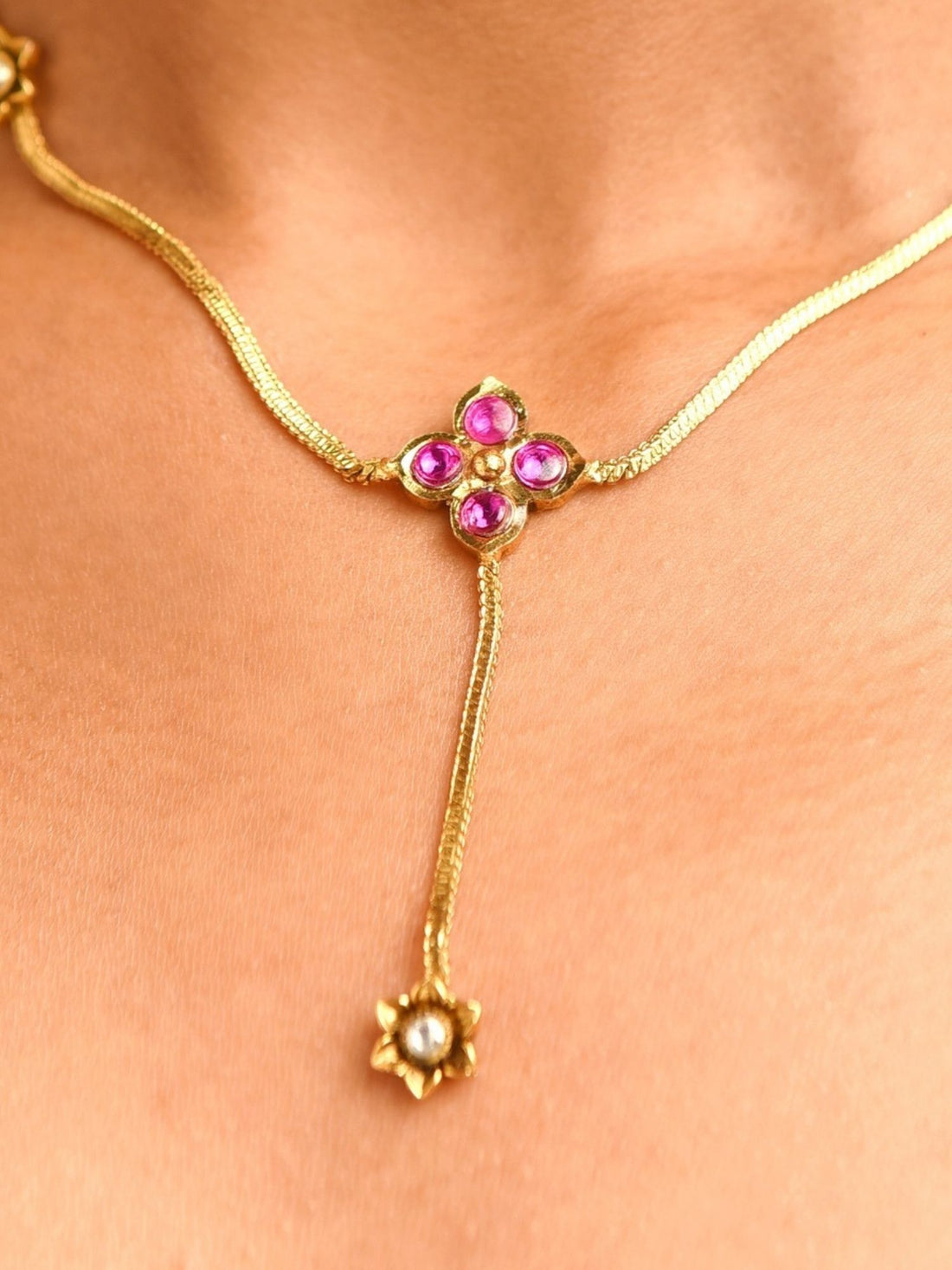 Unique Gold Plated Pendant Set With Earrings featuring delicate floral design on model by Abdesignsjewellery