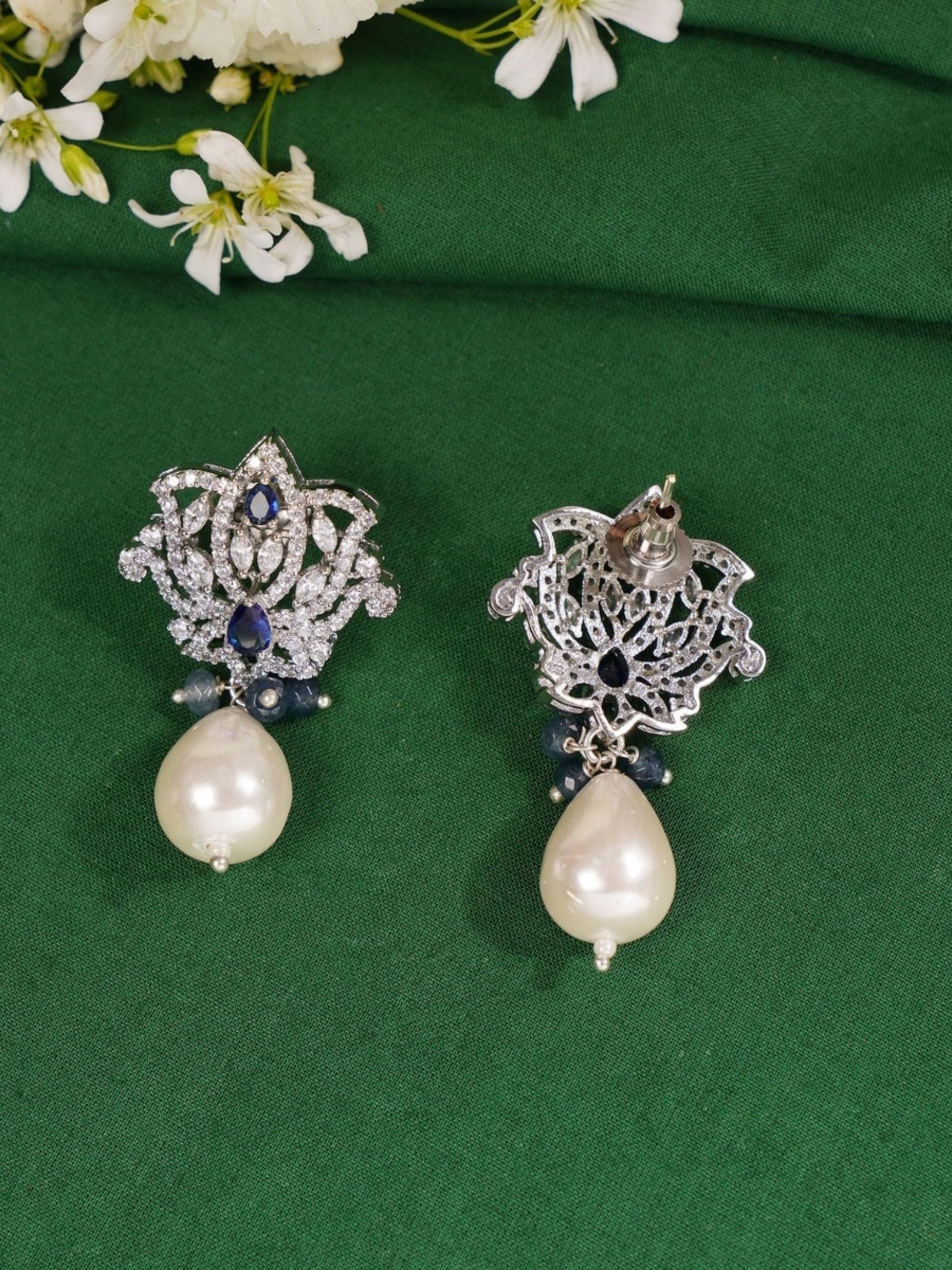 Victorian Navy Blue Beaded Floral Mala Necklace Set featuring silver floral design with navy blue beads and pearl drops