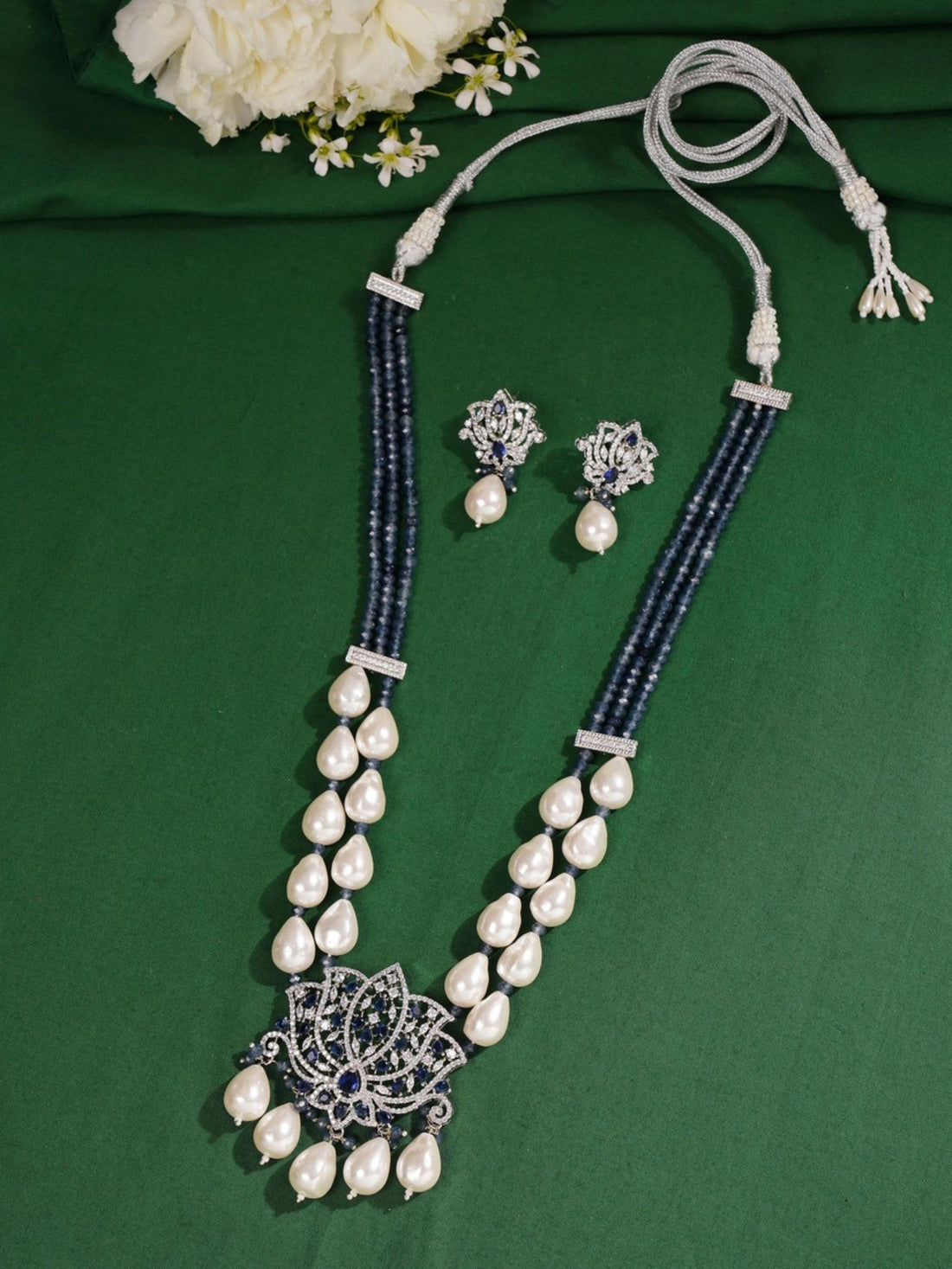 Victorian Navy Blue Beaded Floral Mala Necklace Set by Abdesignsjewellery worn with matching earrings