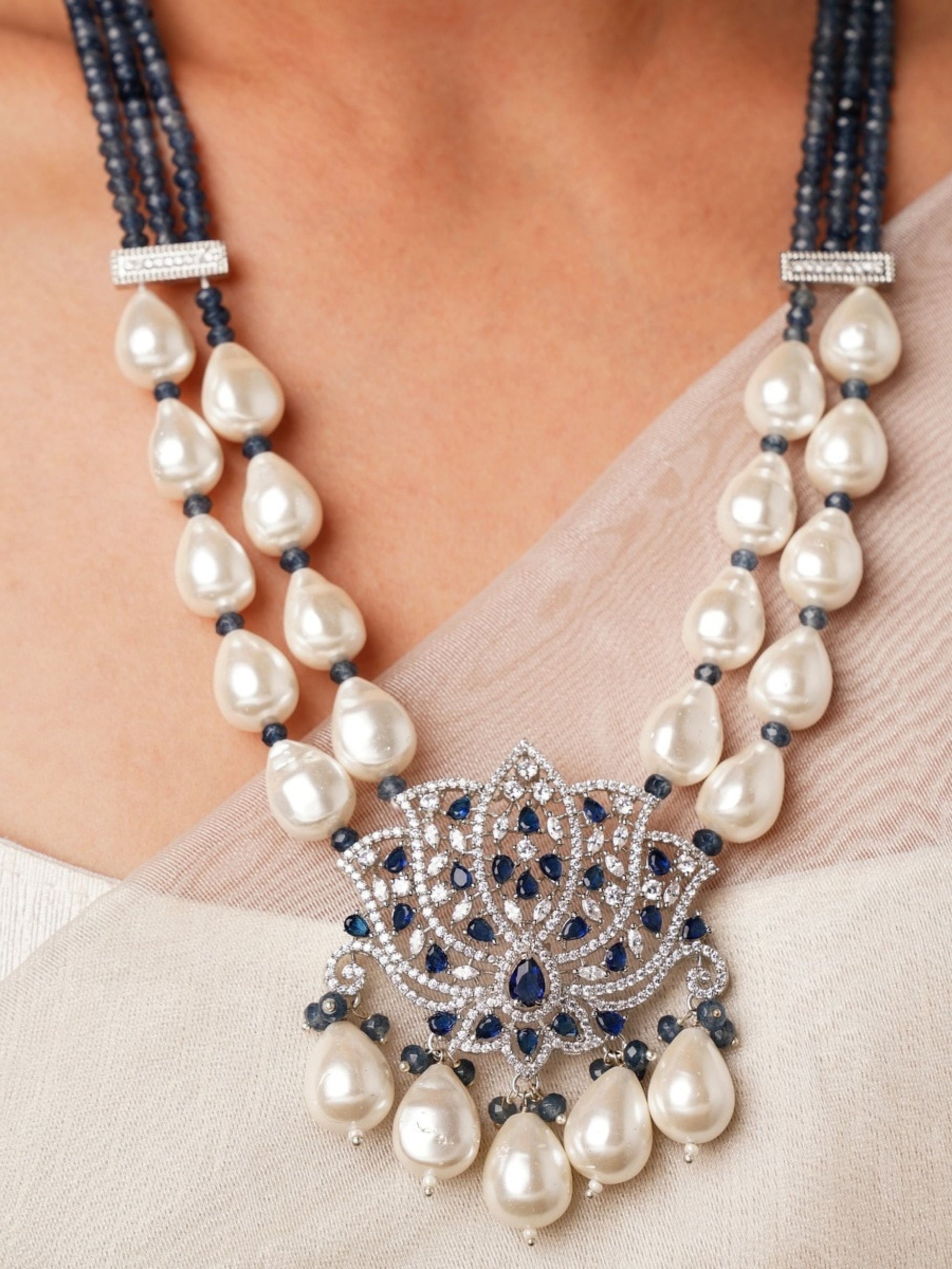 Victorian Navy Blue Beaded Floral Mala Necklace Set with pearl and navy blue beads by Abdesignsjewellery