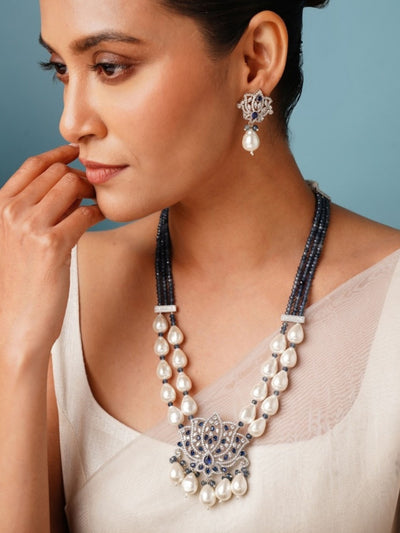 Abdesignsjewellery Victorian Navy Blue Beaded Floral Mala Necklace Set