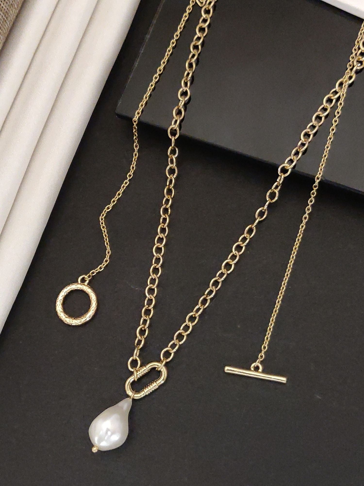 Western Chic Gold Plated Pendant Necklace featuring a teardrop pearl charm and layered chains