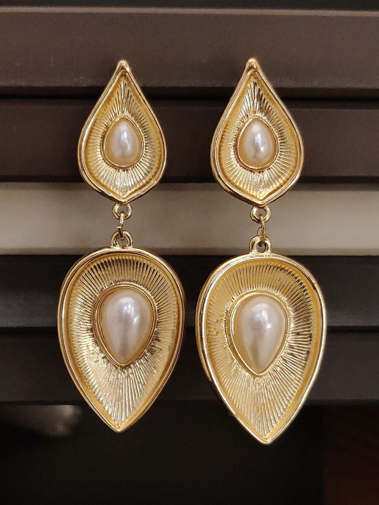 Abdesignsjewellery Western Gold Plated Long Earring with Teardrop Design and Pearl Accents
