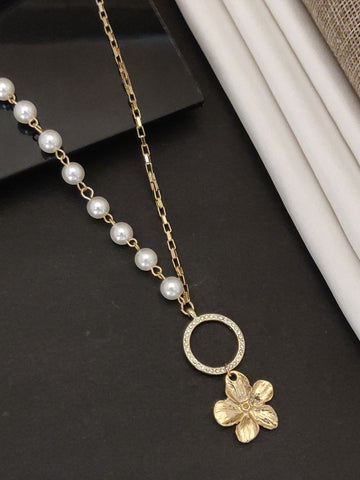 Western Gold Plated Pearl Pendant Necklace with Flower Charm on Stylish Chain