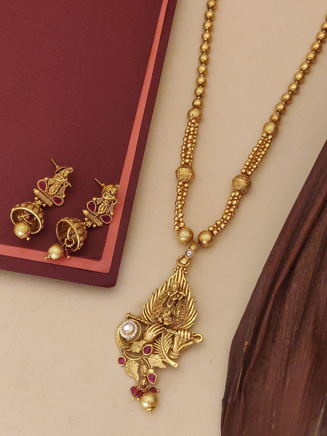 Abdesigns Jewellery Traditional Gold Plated Pendents Set ornate temple style necklace with matching jhumka earrings on beads chain