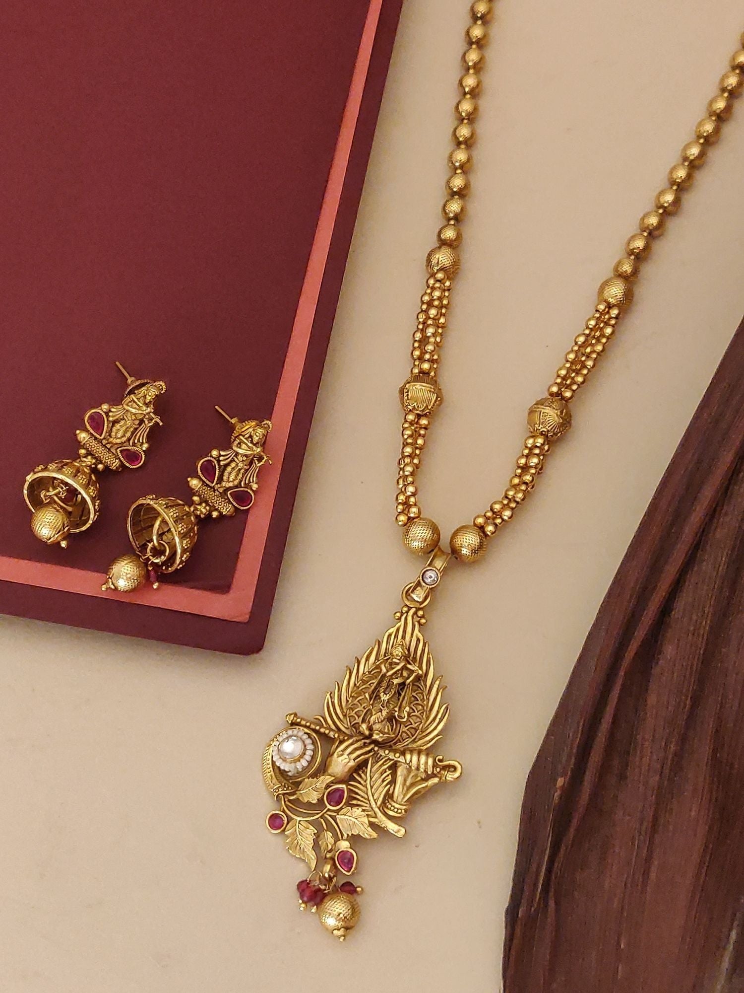 Abdesigns Jewellery Traditional Gold Plated Pendents Set long temple pendant with beaded chain and matching jhumka earrings