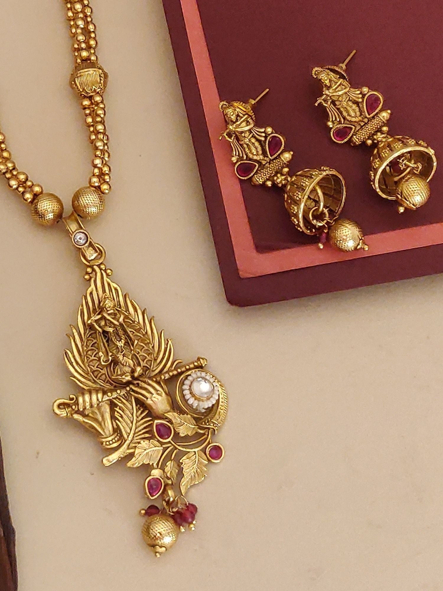 Abdesigns Jewellery Traditional Gold Plated Pendents Set gold necklace pendant with red stones and matching jhumka earrings