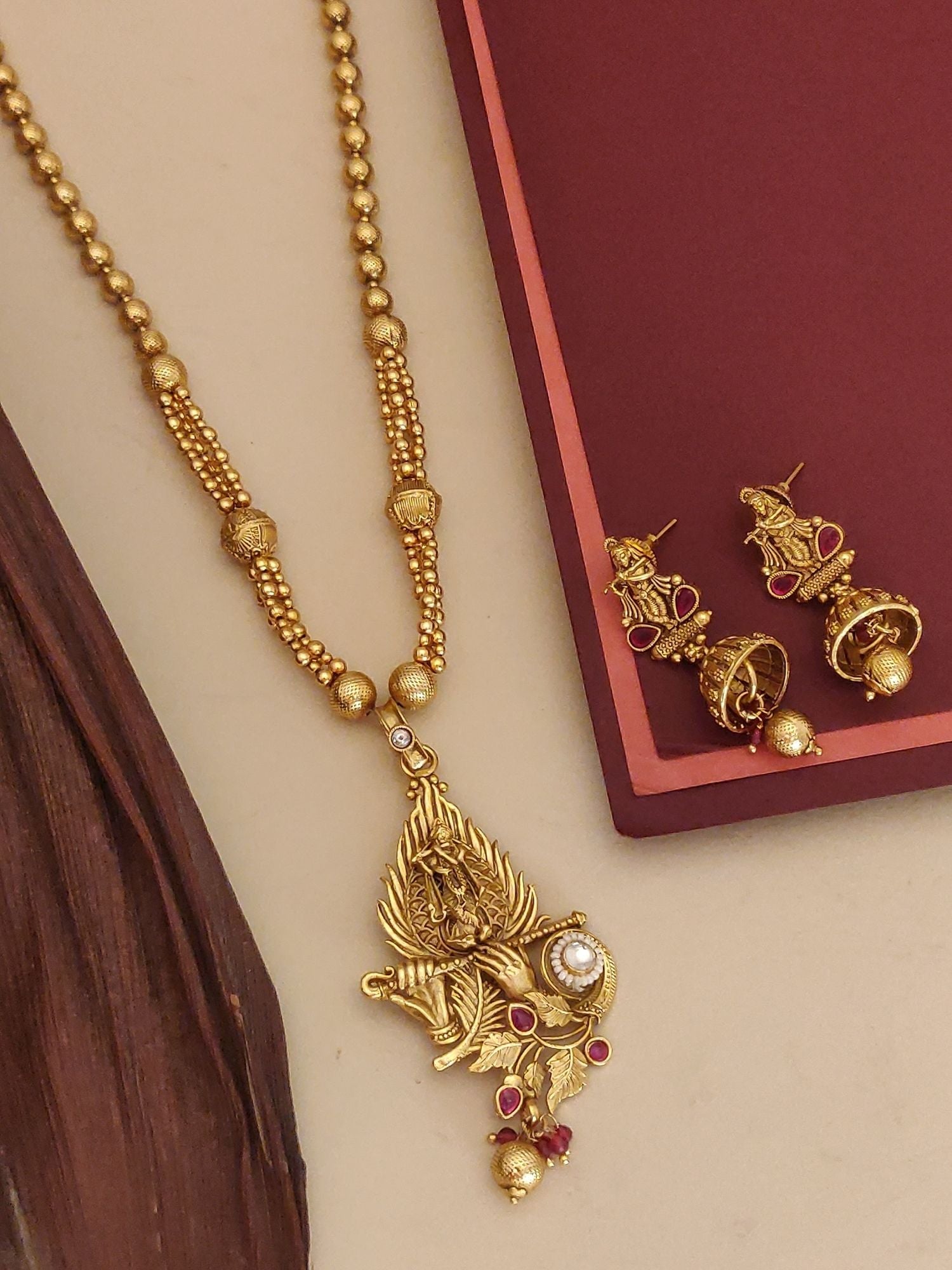 Abdesigns Jewellery Traditional Gold Plated Pendents Set ornate temple style necklace with matching jhumka earrings on beads chain