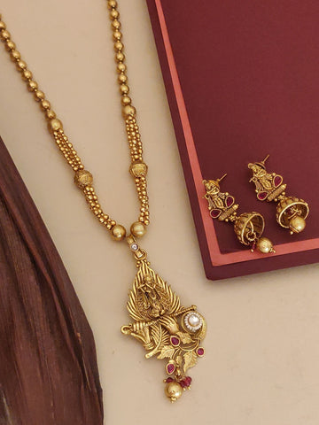 Abdesigns Jewellery Traditional Gold Plated Pendents Set ornate temple style necklace with matching jhumka earrings on beads chain