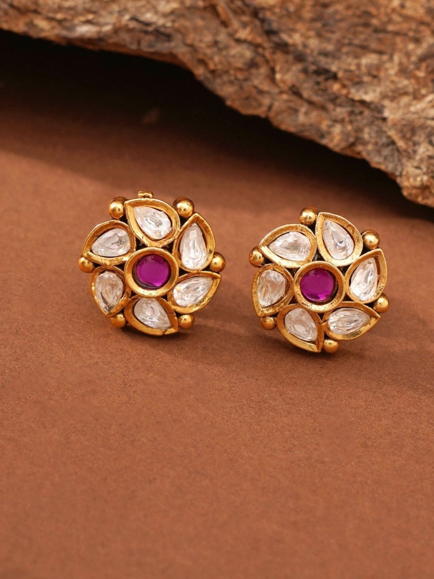 Abdesignsjewellery gold floral stud earrings with pink center and kundan petals premium designer choker necklace India