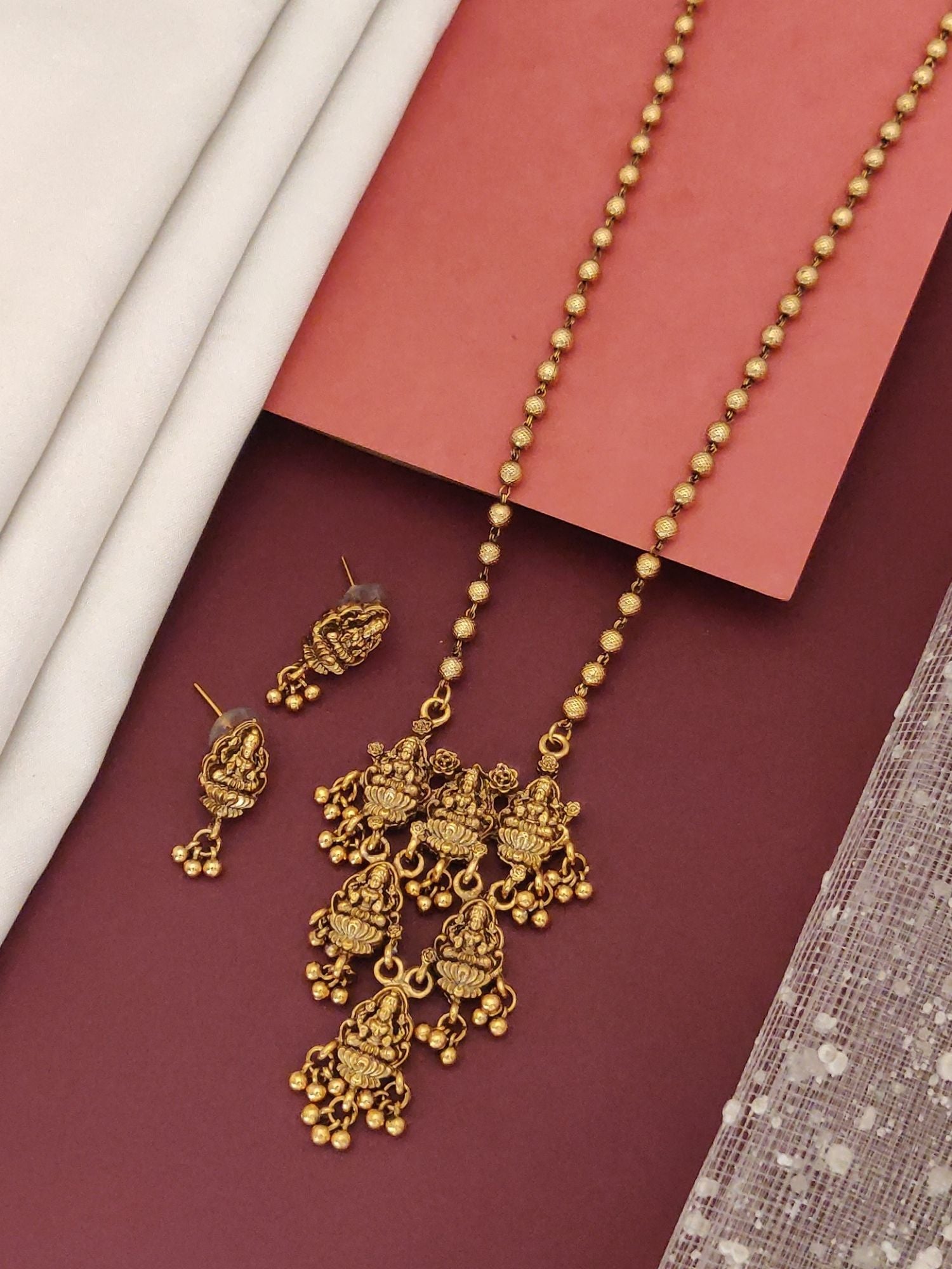 Antique Long Gold Plated Temple Necklace Set by Abdesignsjewellery with beaded chain and matching temple drop earrings