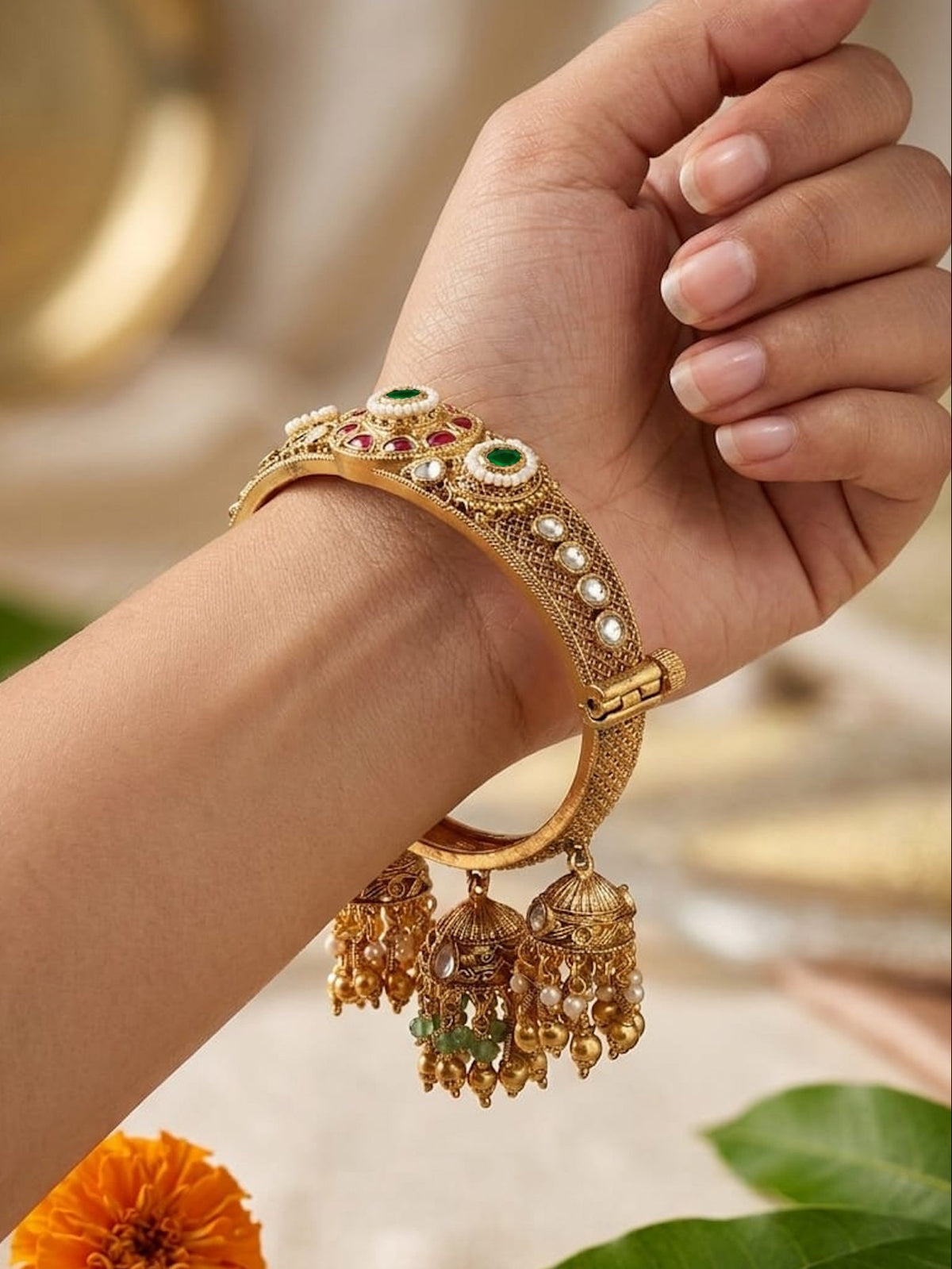 Gold Antique Kundan Kada Bangle Jhumka Bridal | Abdesigns Jewellery
