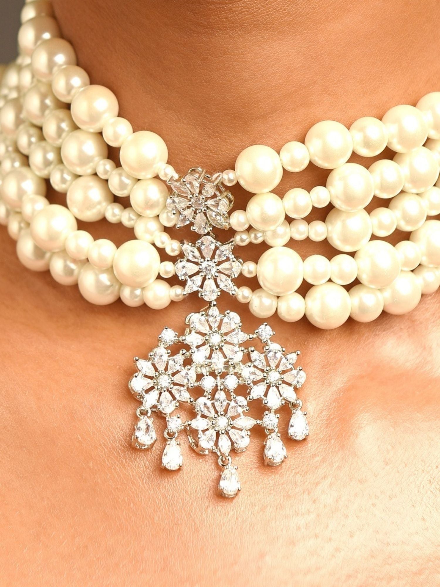 Latest Silver Plated Pearl Choker Diamond Necklace with multiple pearl strands and intricate diamond floral pendant