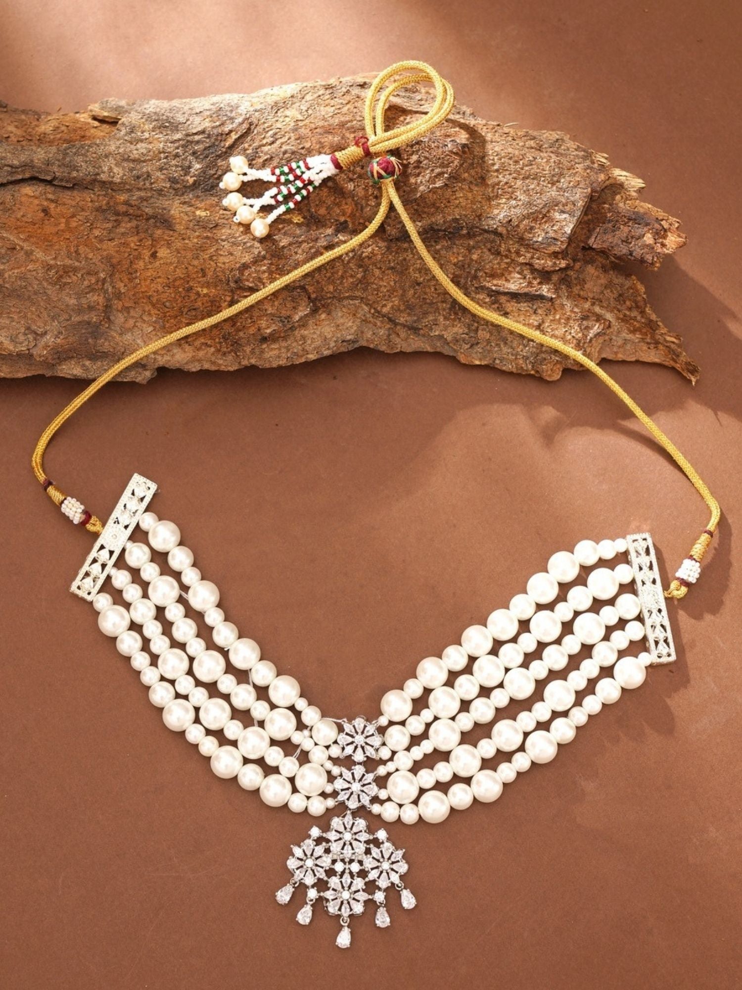 Latest Silver Plated Pearl Choker Diamond Necklace with multi-strand pearls and floral diamond pendant by Abdesignsjewellery