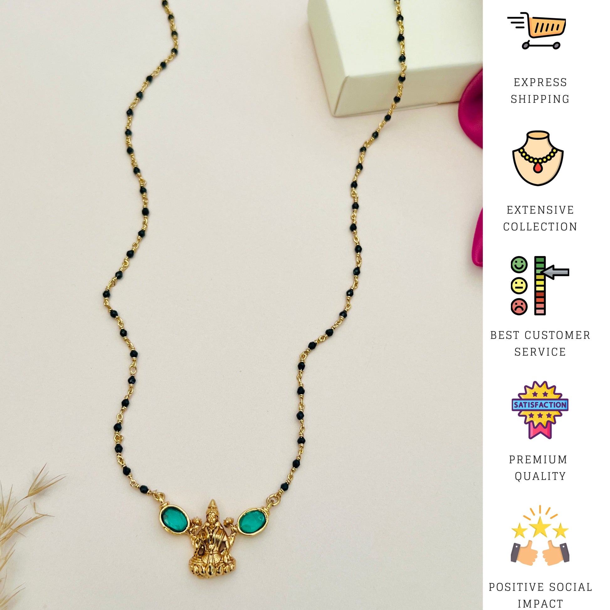 Laxmi Matt Antique Gold Plated Mangalsutra with black beads and green stone accents by Abdesignsjewellery