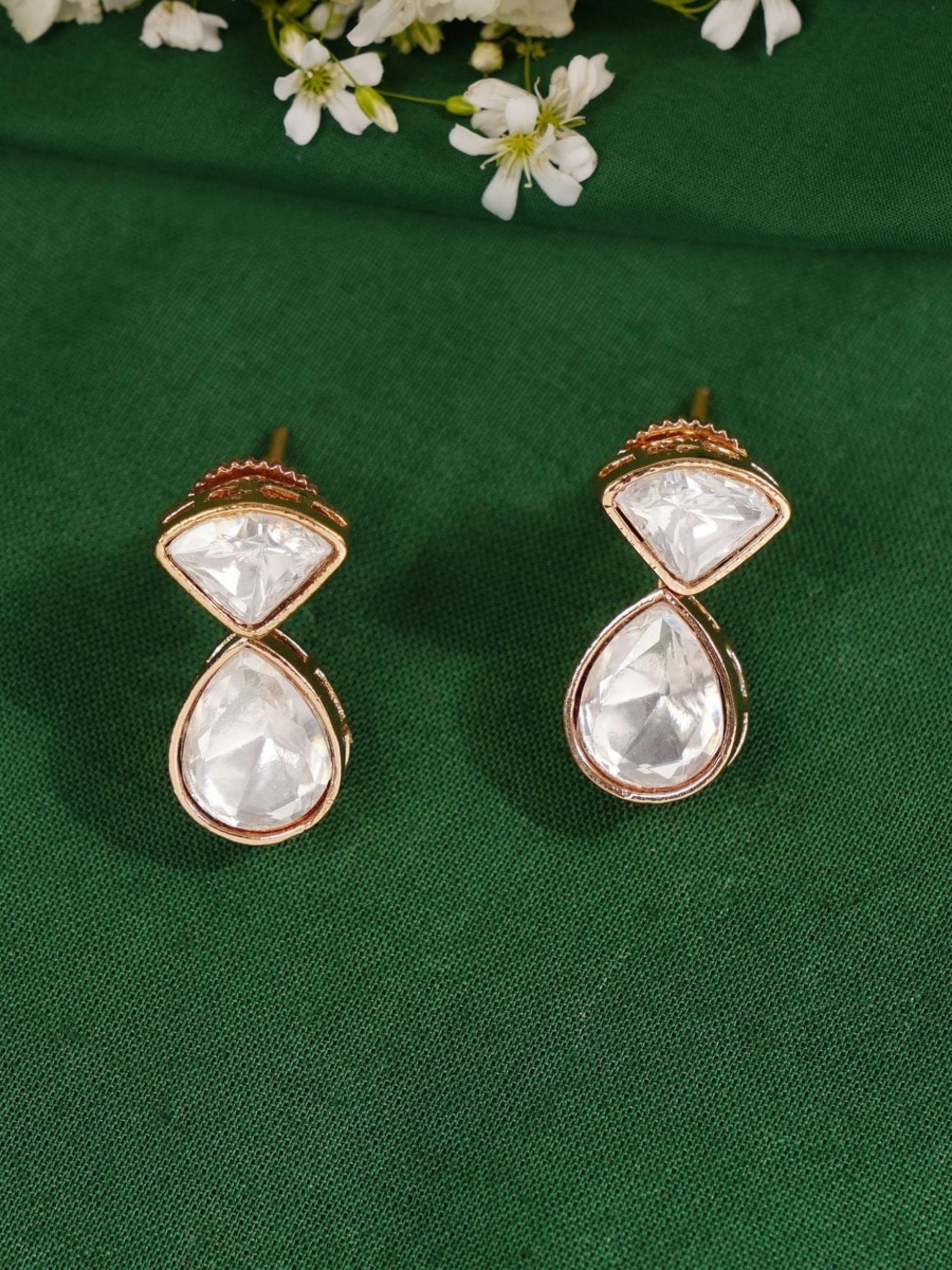 Layered Gold Plated Polki Pendant Chain earrings with clear teardrop and triangular stones by Abdesignsjewellery
