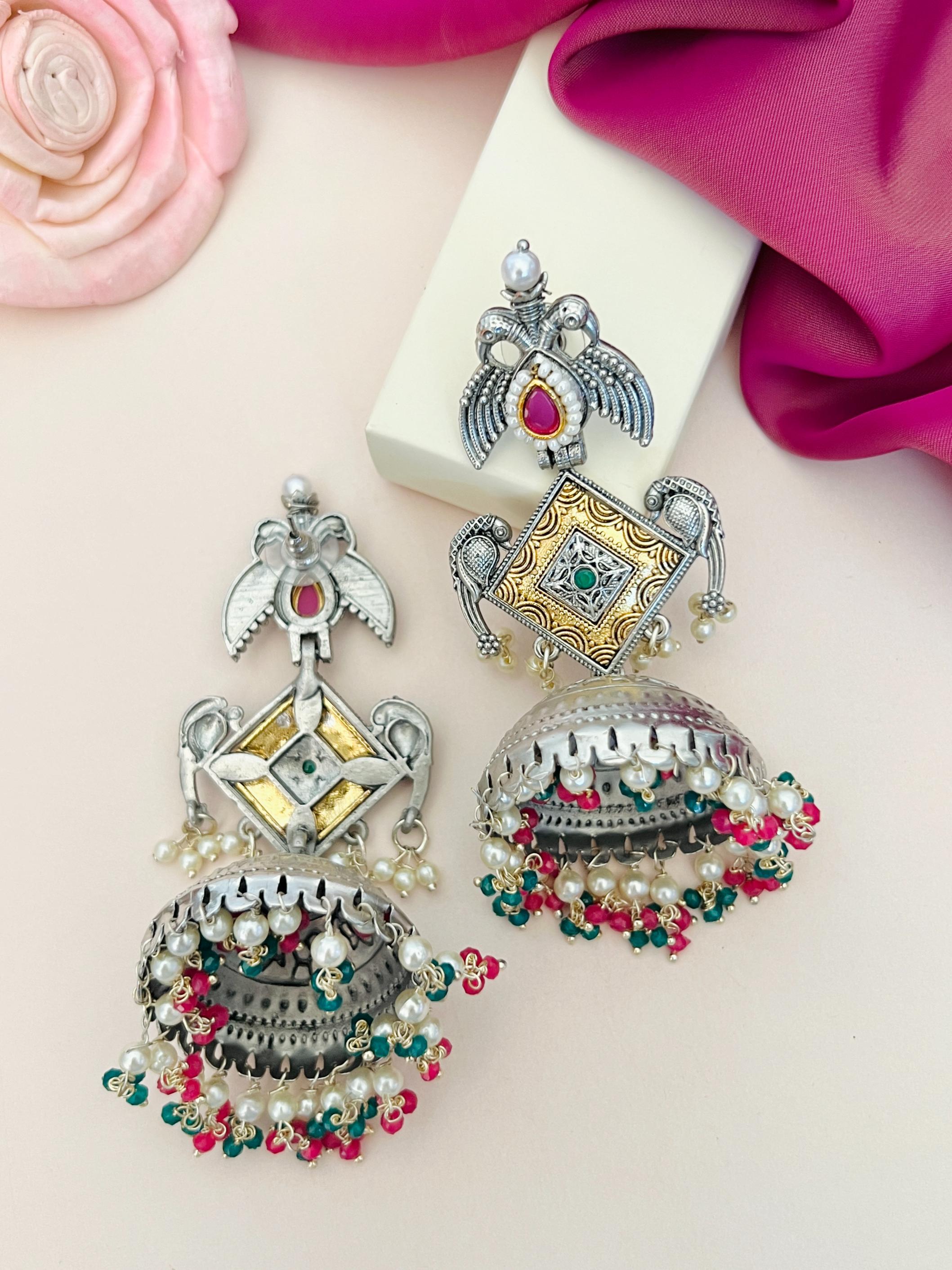 Long German Silver Plated Jhumka Earring with intricate design and colorful beads by Abdesignsjewellery