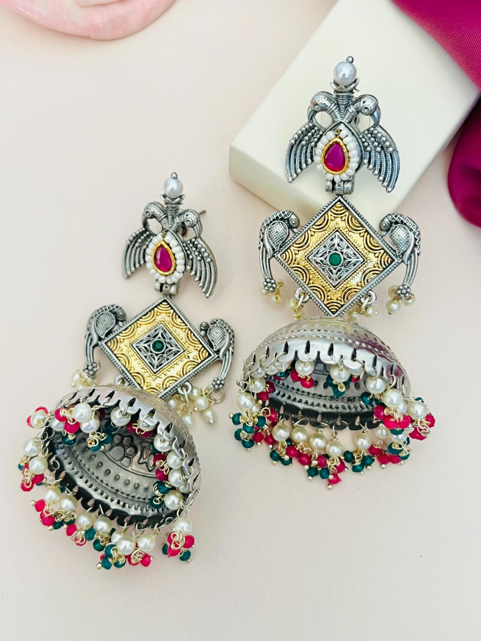 Long German Silver Plated Jhumka Earring with intricate gold and silver detailing and colorful bead accents