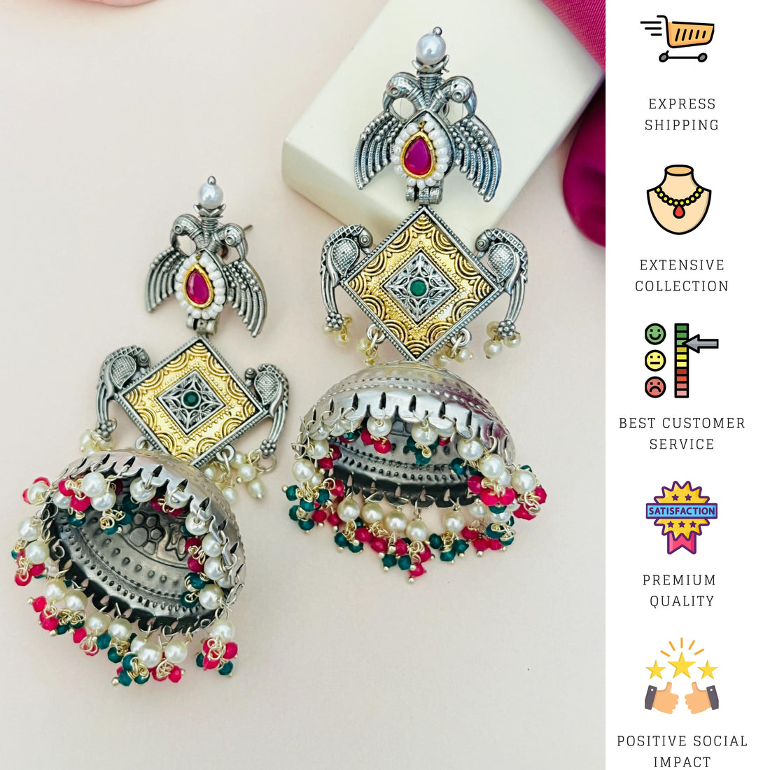 Long German Silver Plated Jhumka Earring with intricate design and colorful bead detailing by Abdesignsjewellery