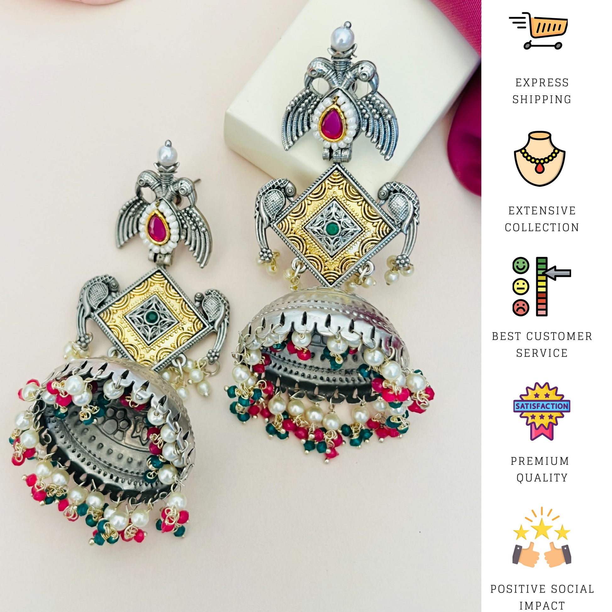 Long German Silver Plated Jhumka Earring with intricate design and colorful bead detailing by Abdesigns