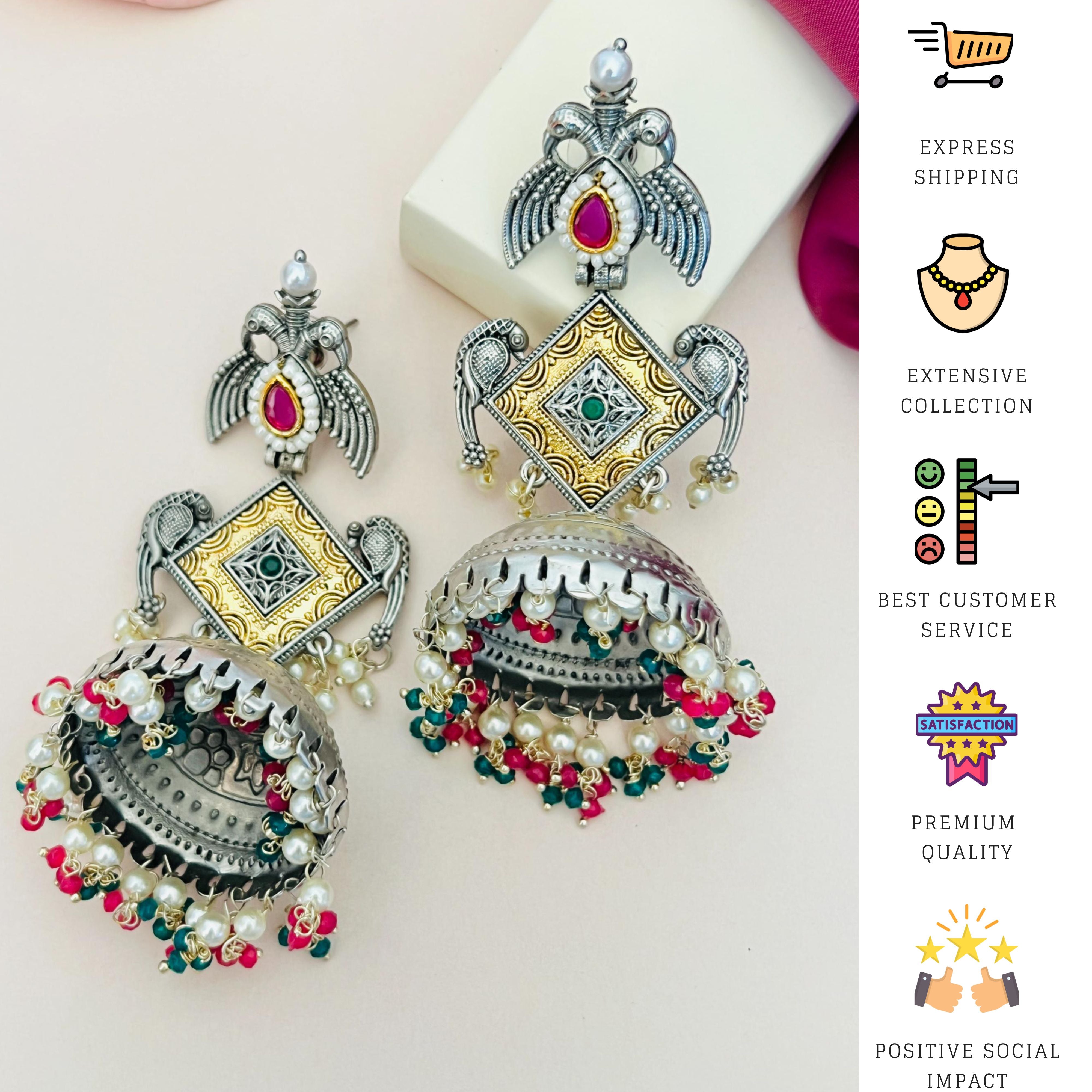 Long German Silver Plated Jhumka Earring with intricate design and colorful bead detailing by Abdesigns