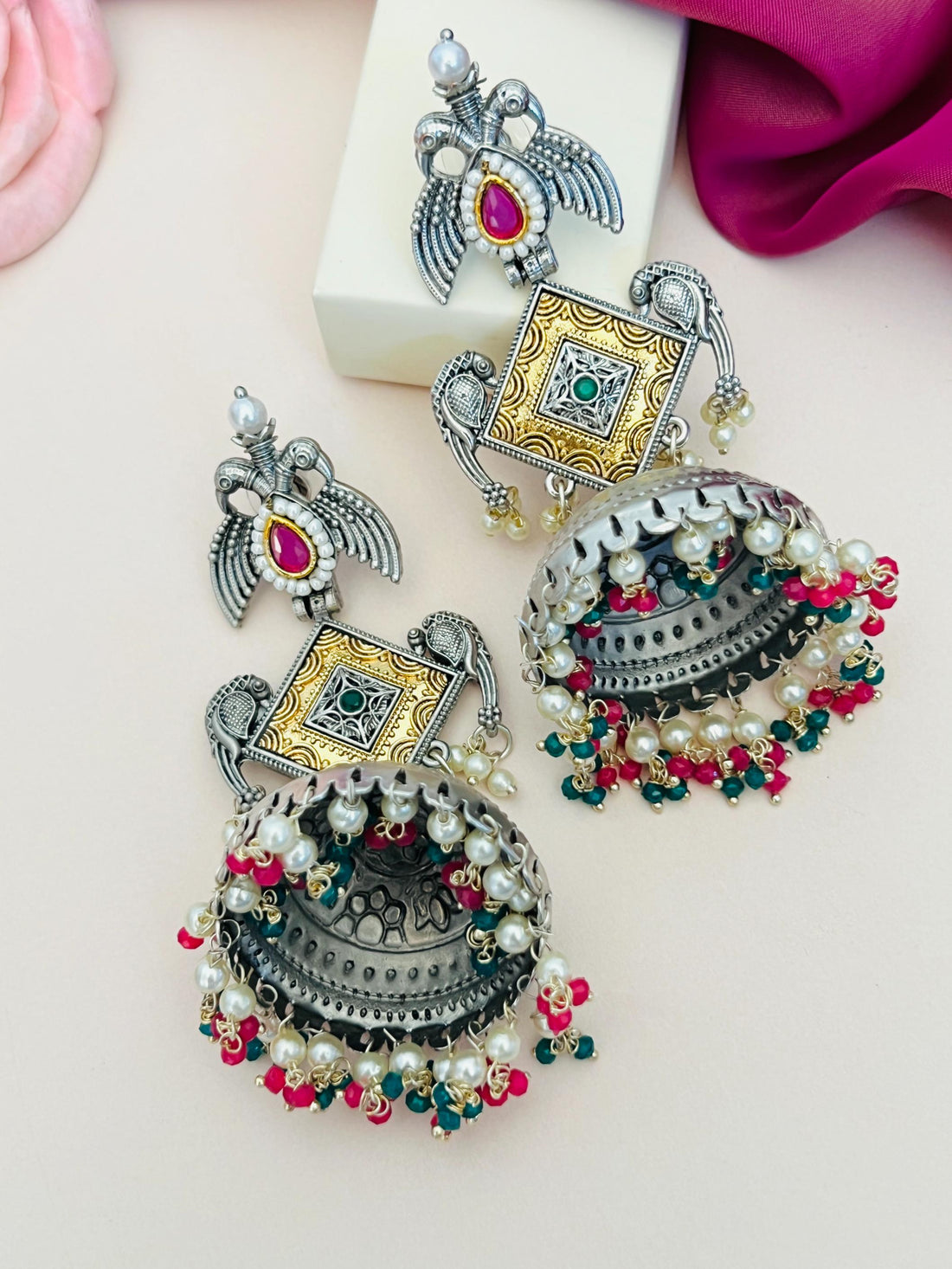 Long German Silver Plated Jhumka Earring with intricate design and colorful bead detailing by Abdesignsjewellery