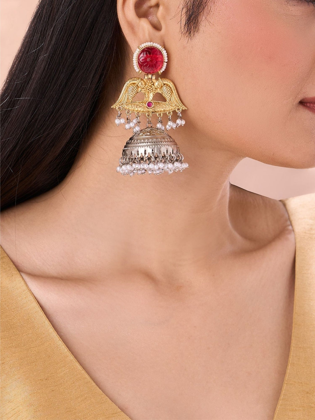 Long Gold Plated Plated Jhumka Earring with intricate design and colorful accents for elegant outfits