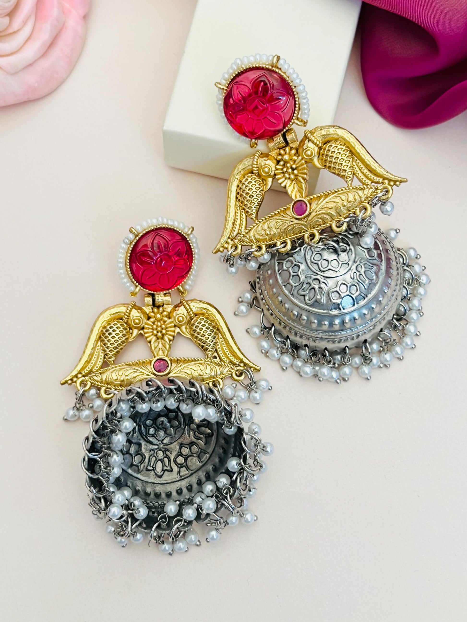 Long Gold Plated Plated Jhumka Earring with intricate design and colorful accents for ethnic outfits