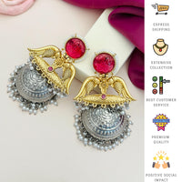Thumbnail for Long Gold Plated Plated Jhumka Earring with intricate design and pink floral accents
