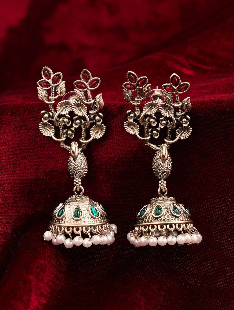 Abdesignsjewellery Long Peacock German Silver Plated Earrings with detailed floral design and pearl accents