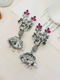 Thumbnail for Long Peacock German Silver Plated Earrings by Abdesignsjewellery with floral design and pearl accents