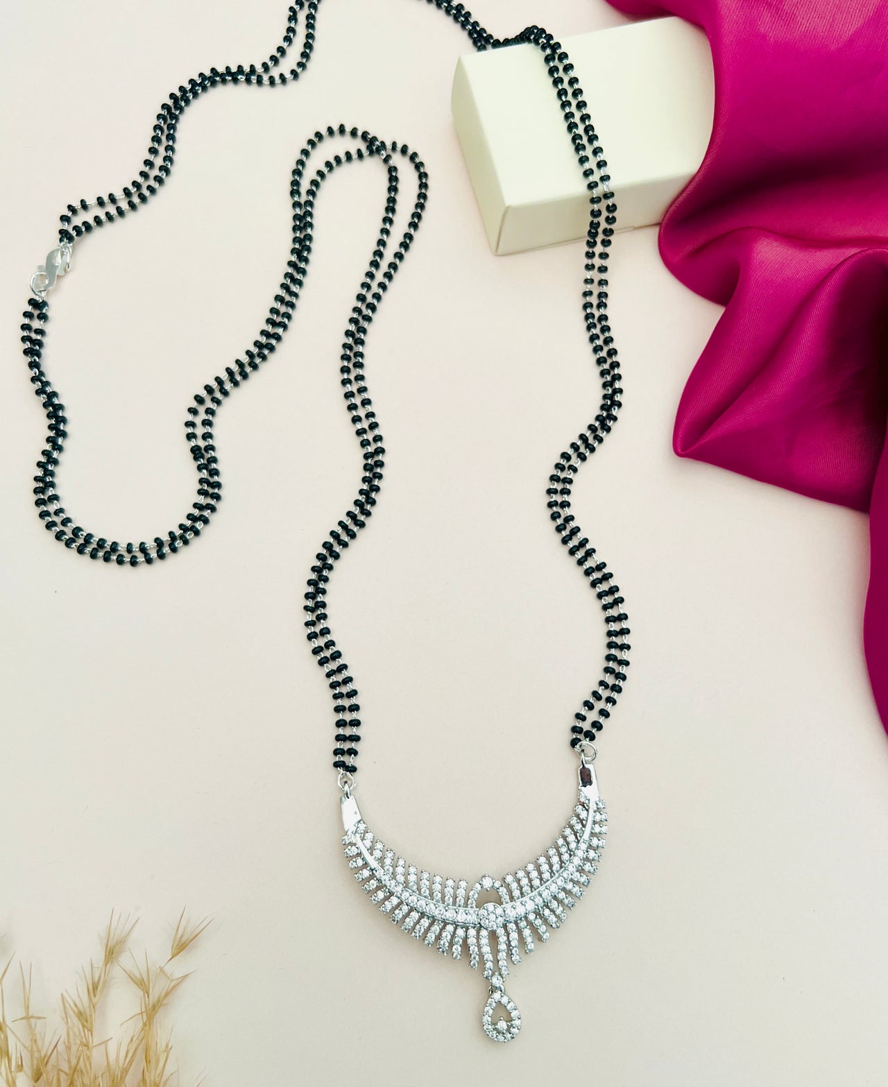 Elegant Long Silver Mangalsutra with black beads and intricate pendant by Abdesignsjewellery