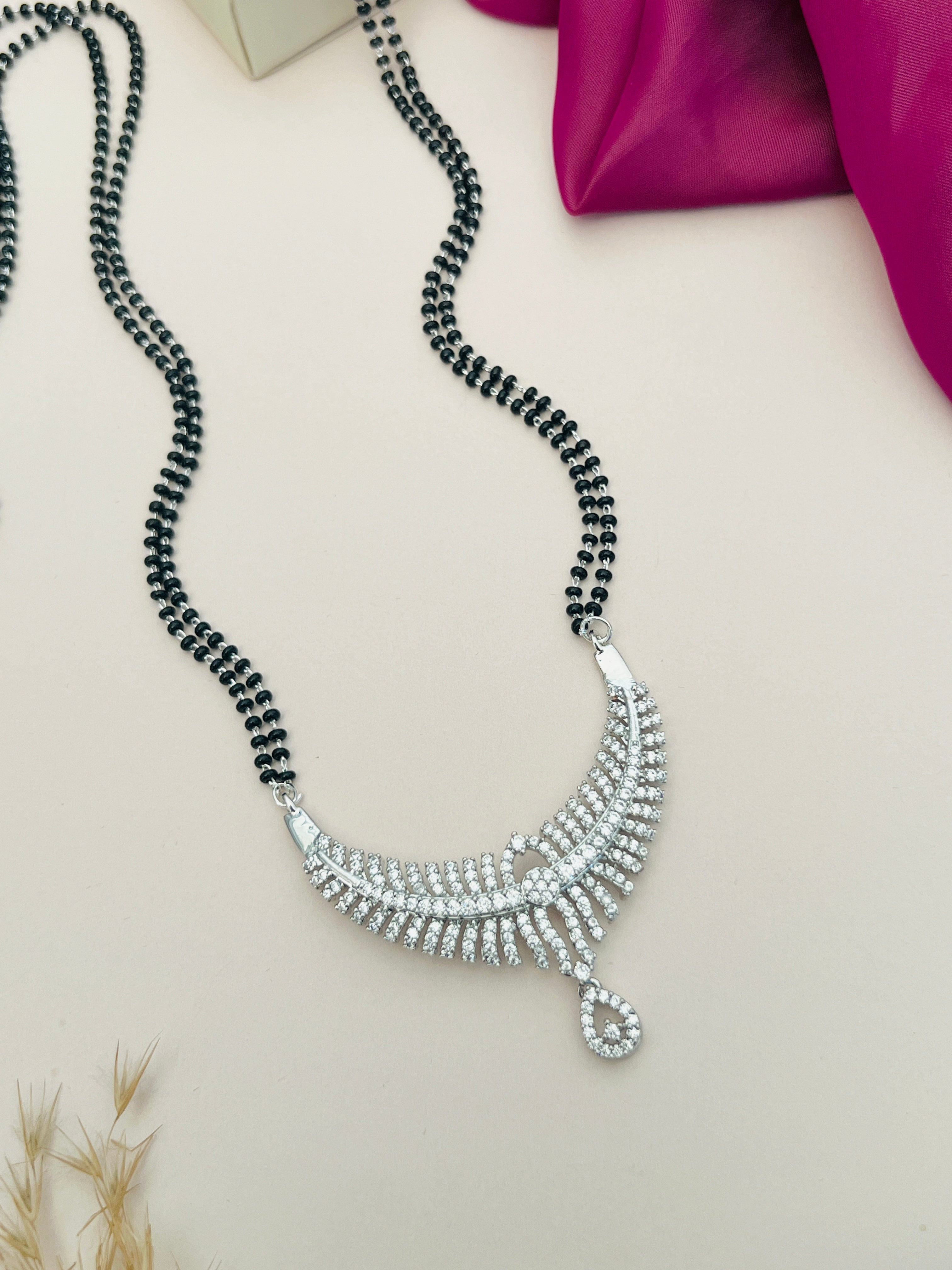 Long Silver Mangalsutra by Abdesigns jewellery with intricate pendant and black bead chain