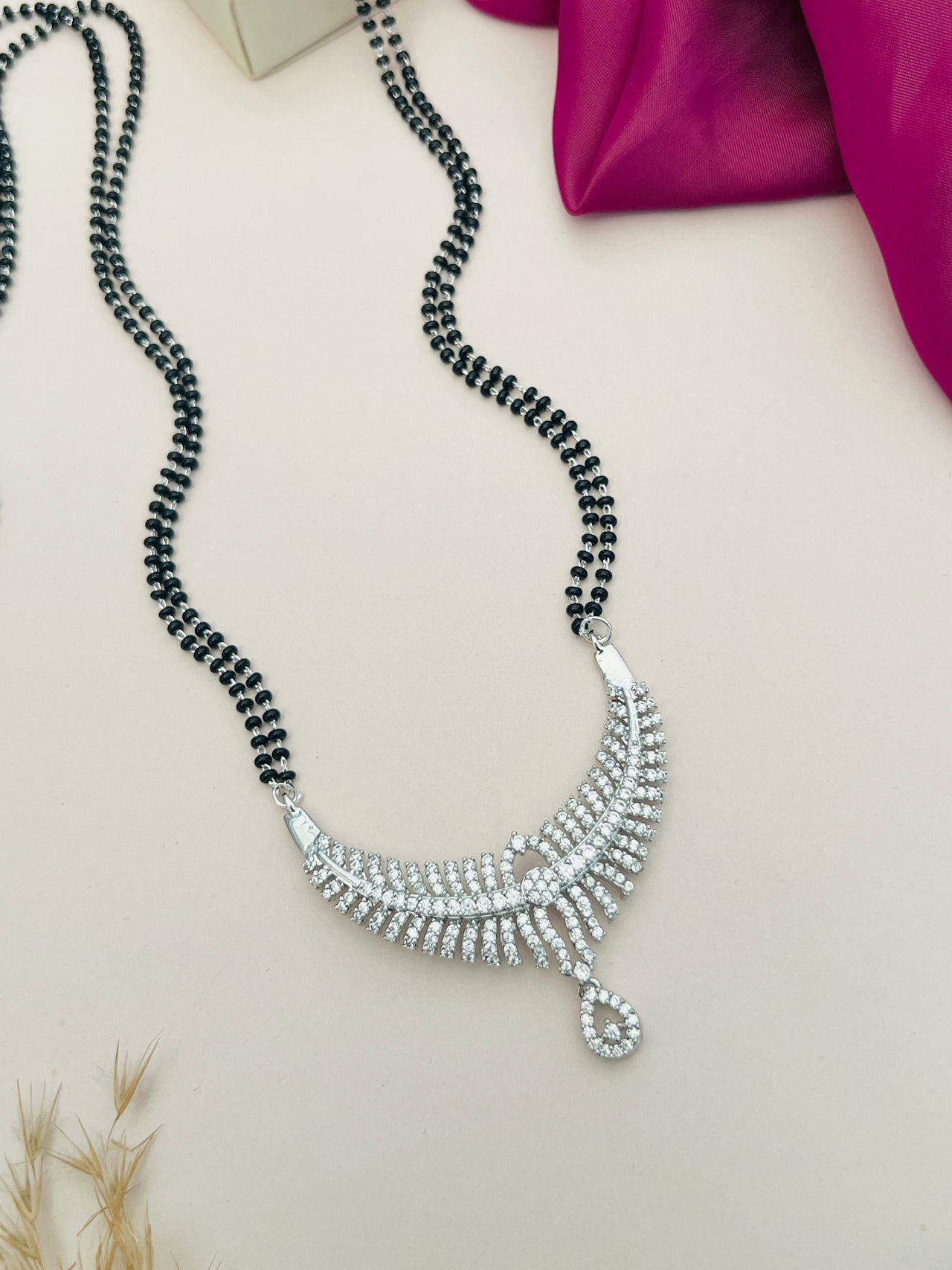 Long Silver Mangalsutra by Abdesigns jewellery with intricate pendant and black bead chain